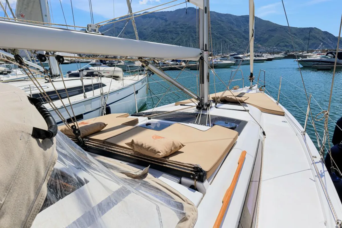 Deck of Shibumi, a Dufour 390 Grand Large sailboat at Castellammare di Stabia, Italy