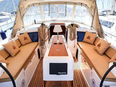 Cockpit of Shibumi, a Dufour 390 Grand Large sailboat at Castellammare di Stabia, Italy