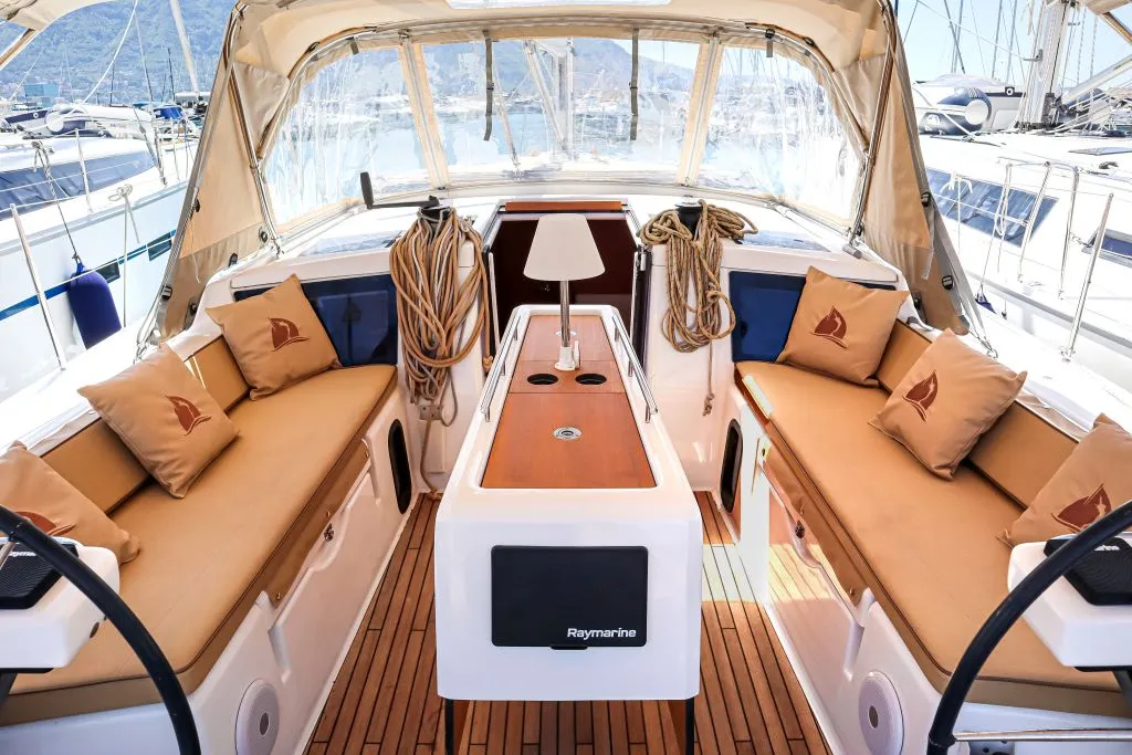 Cockpit of Shibumi, a Dufour 390 Grand Large sailboat at Castellammare di Stabia, Italy