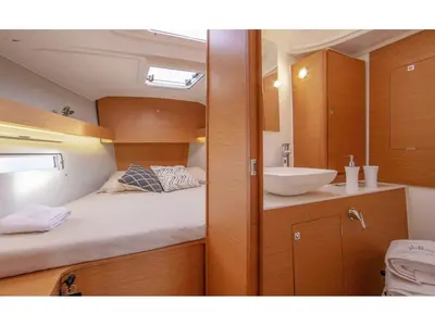 Cabin on Shibumi, a Dufour 390 Grand Large sailboat at Castellammare di Stabia, Italy