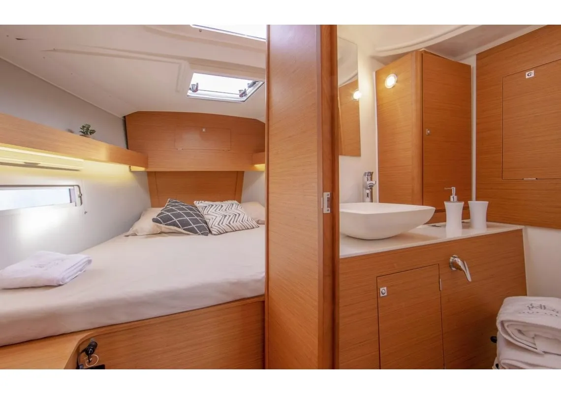 Cabin on Shibumi, a Dufour 390 Grand Large sailboat at Castellammare di Stabia, Italy