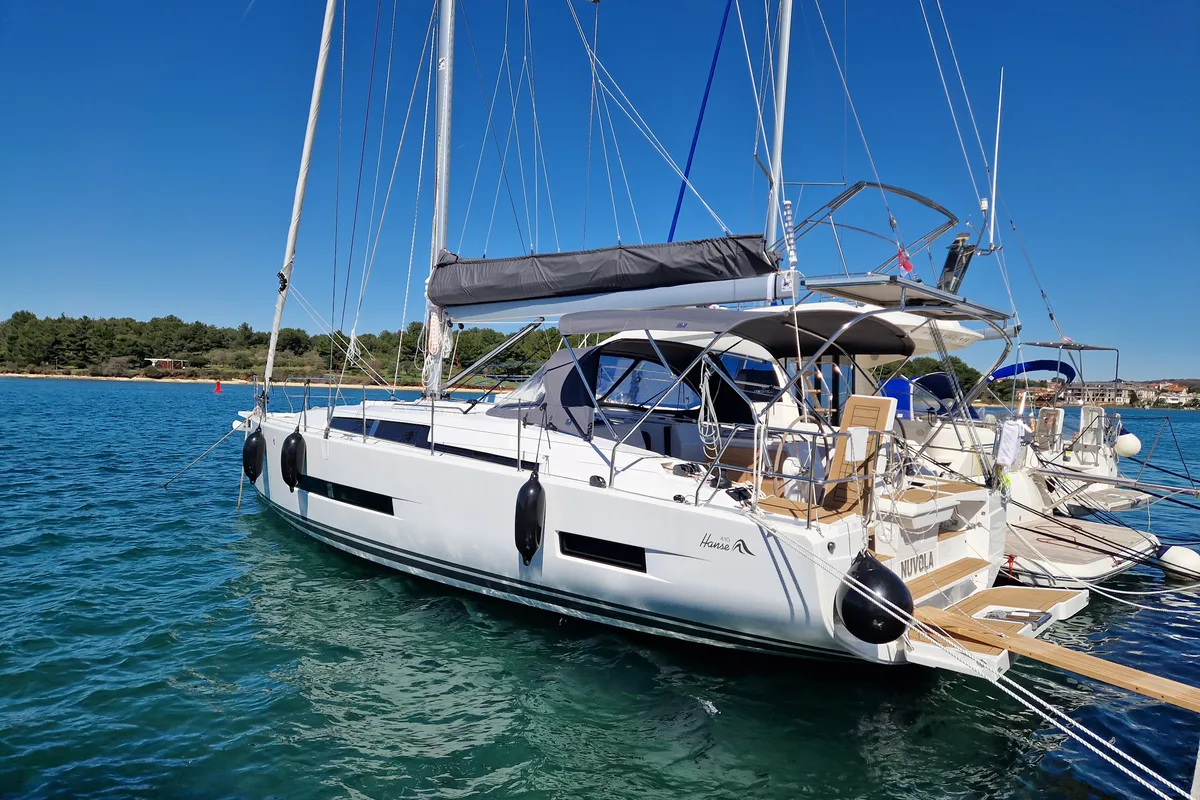 Exterior view of Nuvola, a Hanse 410 sailboat at Dubrovnik, Croatia