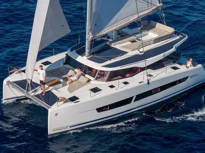 Magic Hour, a Fountaine Pajot FP 44 Quatuor catamaran at Road Town, British Virgin Islands