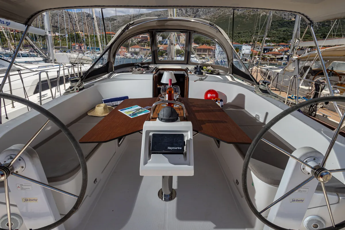 Cockpit of Wanderlust, a Bavaria Cruiser 46 sailboat at Municipal Unit of Palairos, Greece