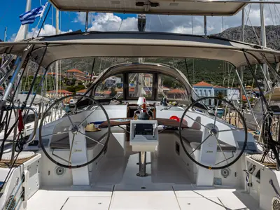 Cockpit of Wanderlust, a Bavaria Cruiser 46 sailboat at Municipal Unit of Palairos, Greece