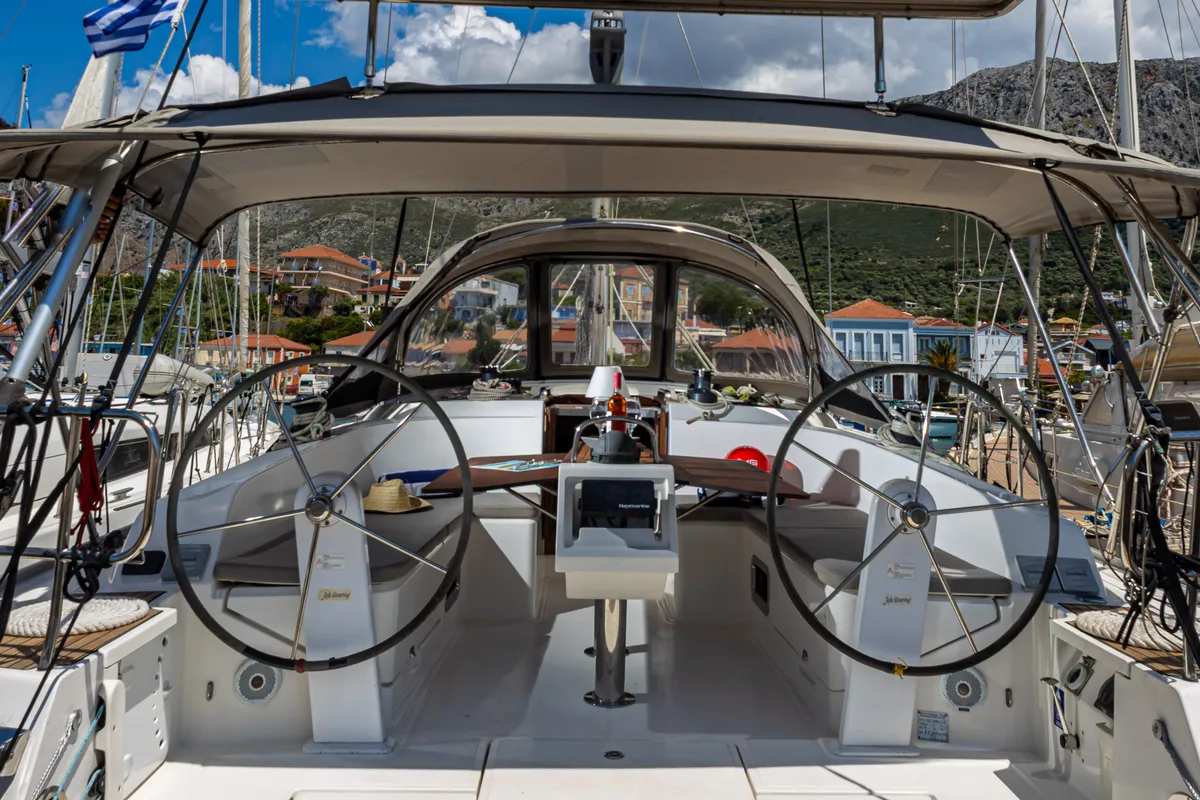 Cockpit of Wanderlust, a Bavaria Cruiser 46 sailboat at Municipal Unit of Palairos, Greece