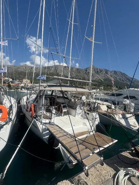 Exterior view of Wanderlust, a Bavaria Cruiser 46 sailboat at Municipal Unit of Palairos, Greece