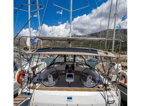 Exterior view of Wanderlust, a Bavaria Cruiser 46 sailboat at Municipal Unit of Palairos, Greece