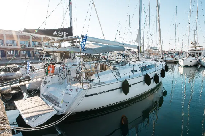 Exterior view of Wanderlust, a Bavaria Cruiser 46 sailboat at Municipal Unit of Palairos, Greece