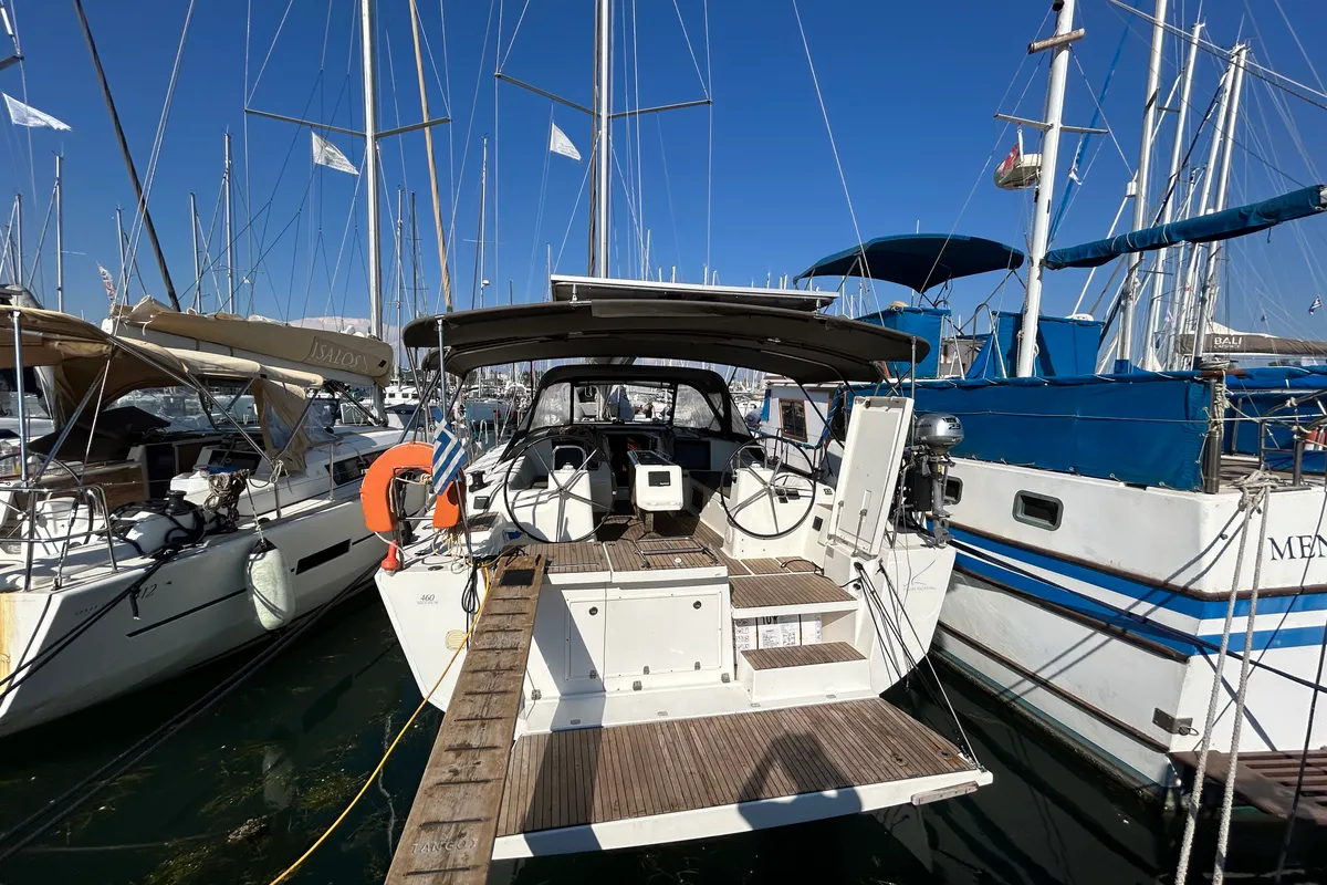 Exterior view of Tango I, a Dufour 460 GL sailboat at Kontokali, Greece