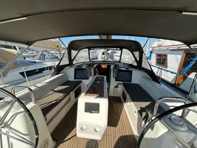 Cockpit of Tango I, a Dufour 460 GL sailboat at Kontokali, Greece