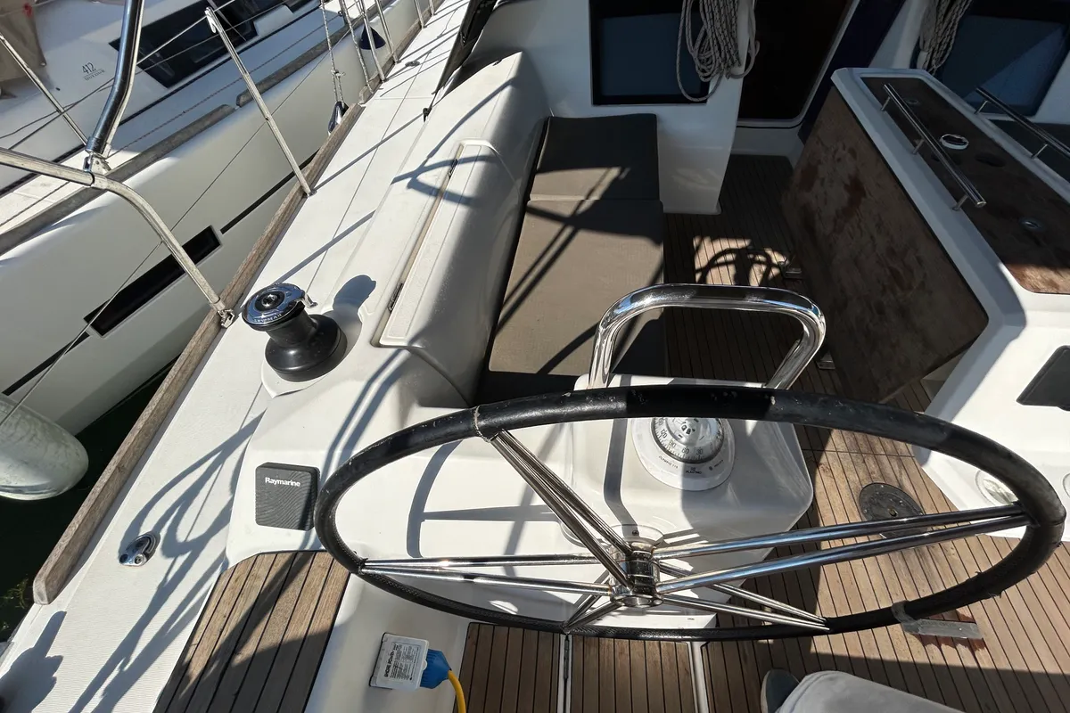 Cockpit of Tango I, a Dufour 460 GL sailboat at Kontokali, Greece
