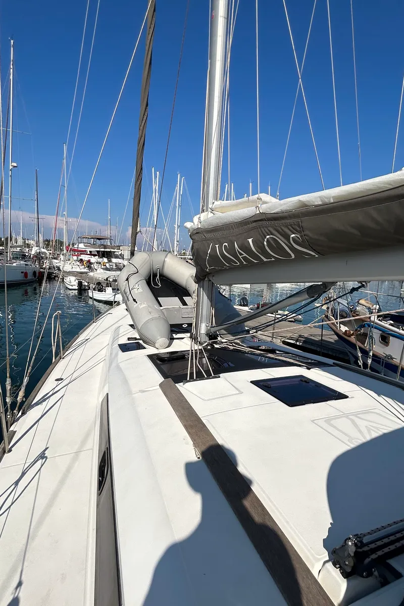 Deck of Tango I, a Dufour 460 GL sailboat at Kontokali, Greece