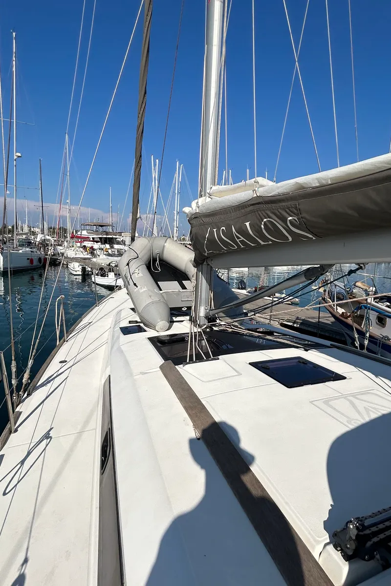 Deck of Tango I, a Dufour 460 GL sailboat at Kontokali, Greece