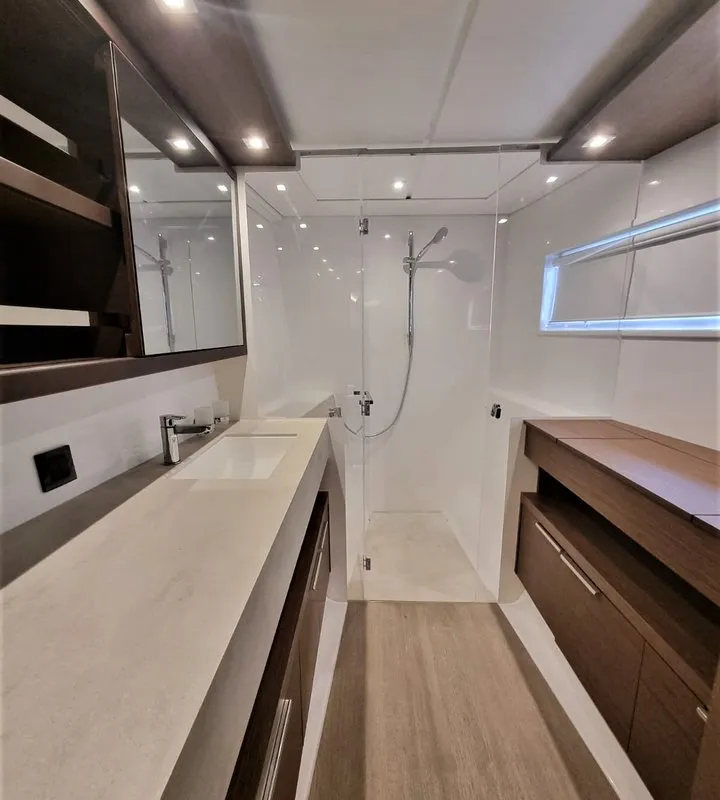Head on Free Bird II, a Lagoon 46 OW catamaran at Lavrion, Greece