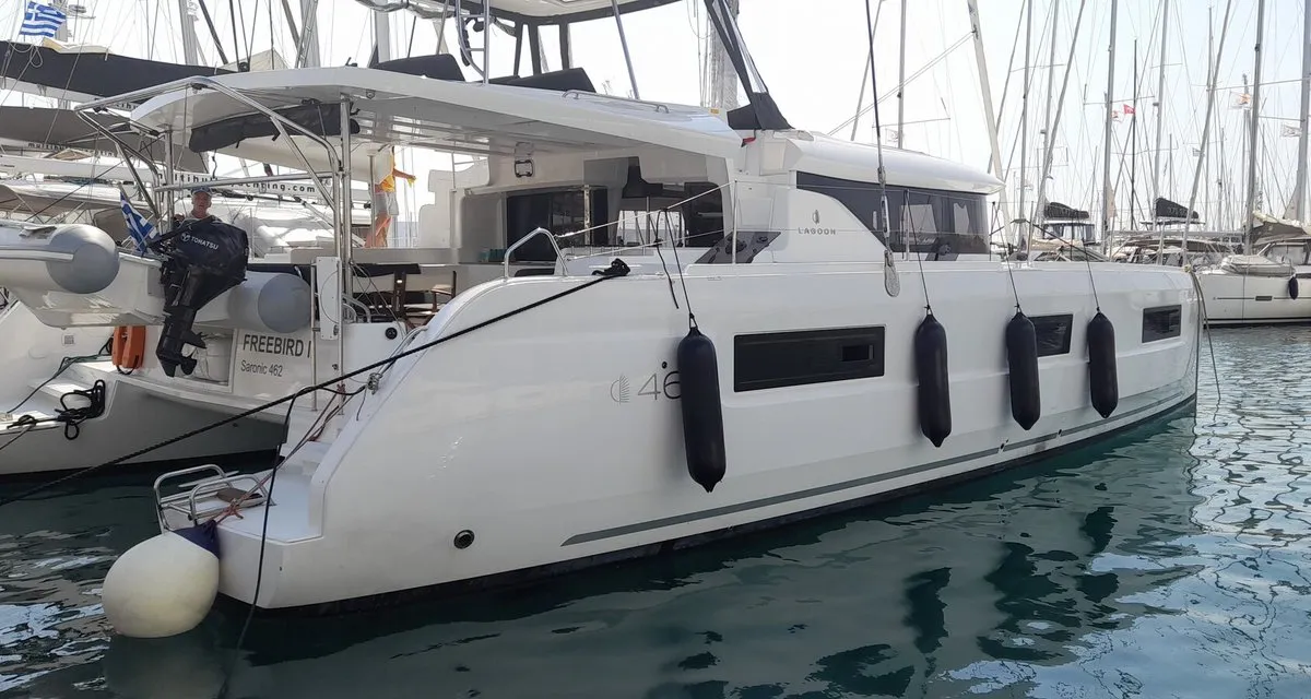 Exterior view of Free Bird II, a Lagoon 46 OW catamaran at Lavrion, Greece