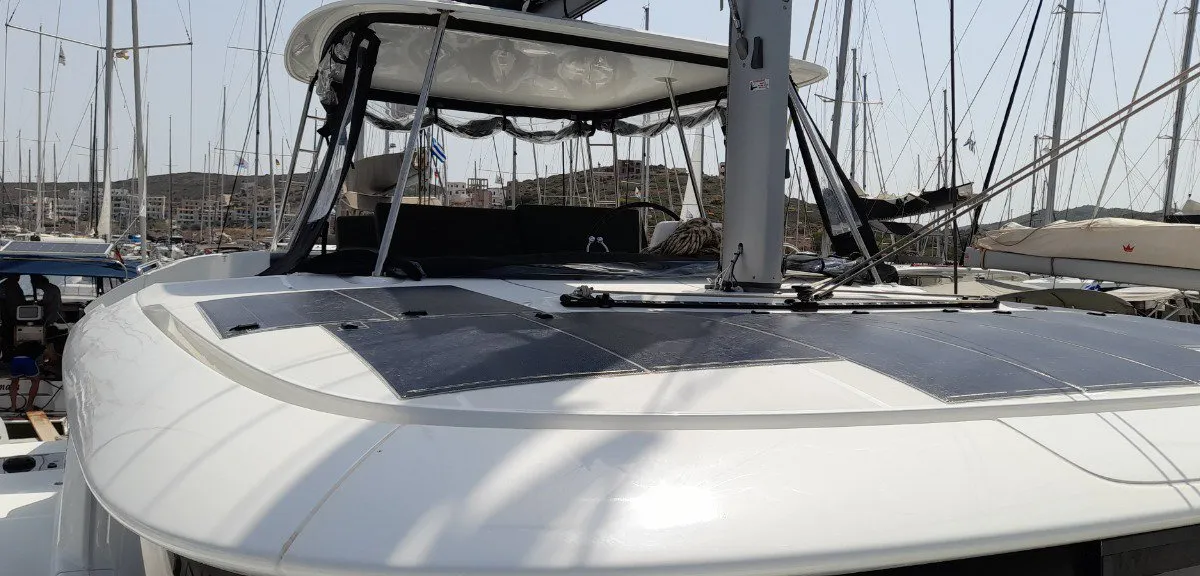 Deck of Free Bird II, a Lagoon 46 OW catamaran at Lavrion, Greece