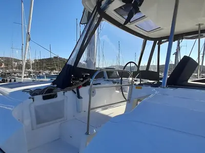 Cockpit of Free Bird II, a Lagoon 46 OW catamaran at Lavrion, Greece