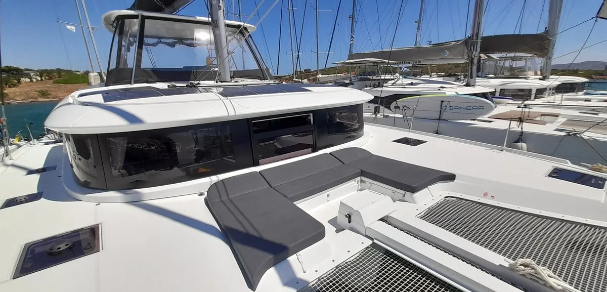 Deck of Free Bird II, a Lagoon 46 OW catamaran at Lavrion, Greece