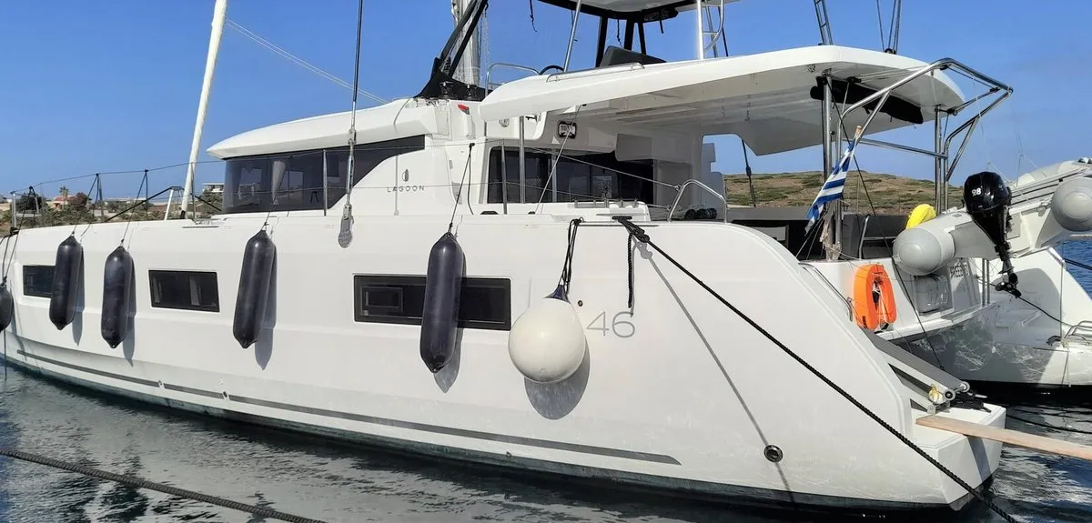 Exterior view of Free Bird II, a Lagoon 46 OW catamaran at Lavrion, Greece