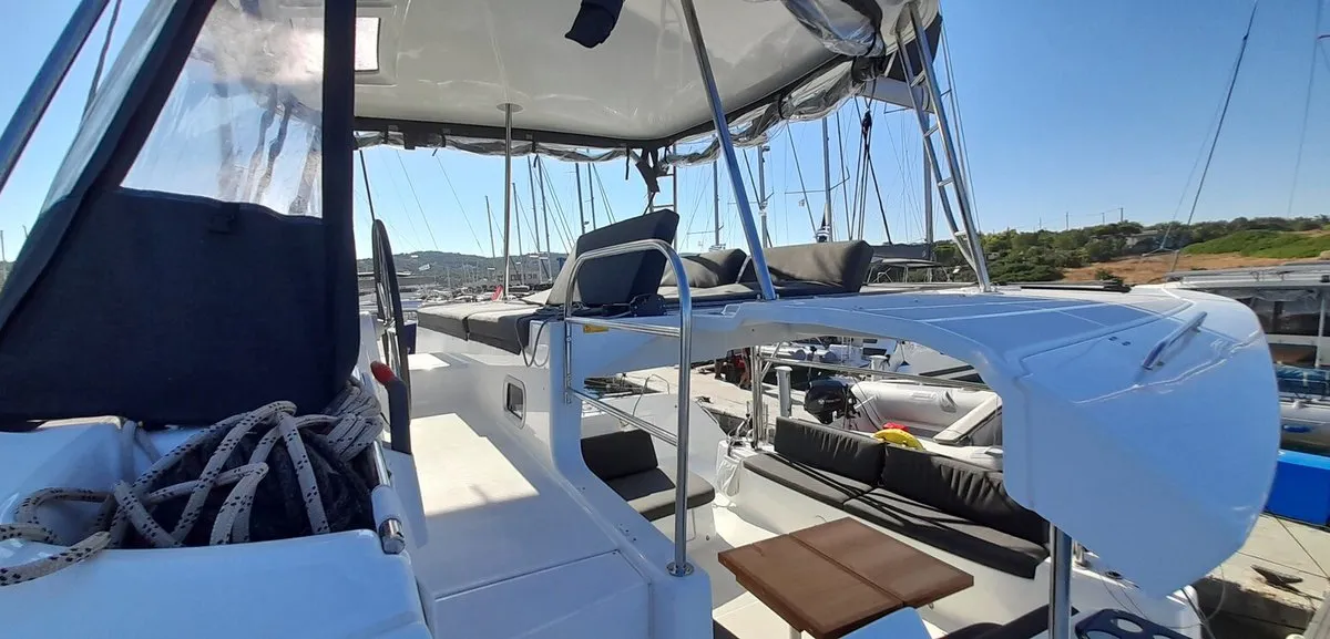 Deck of Free Bird II, a Lagoon 46 OW catamaran at Lavrion, Greece