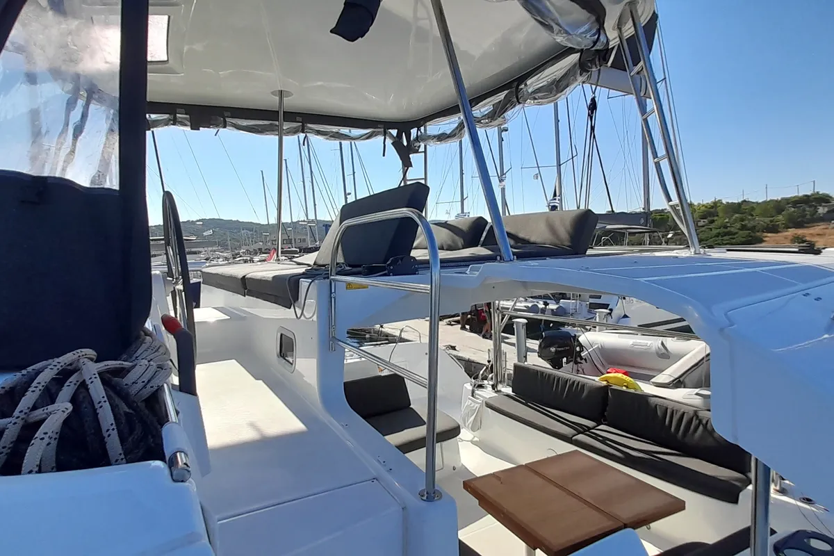 Deck of Free Bird II, a Lagoon 46 OW catamaran at Lavrion, Greece