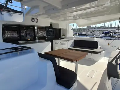Deck of Free Bird II, a Lagoon 46 OW catamaran at Lavrion, Greece