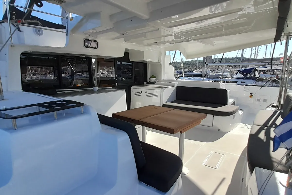 Deck of Free Bird II, a Lagoon 46 OW catamaran at Lavrion, Greece