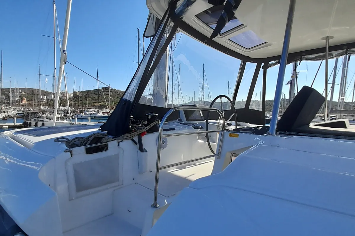 Cockpit of Free Bird II, a Lagoon 46 OW catamaran at Lavrion, Greece