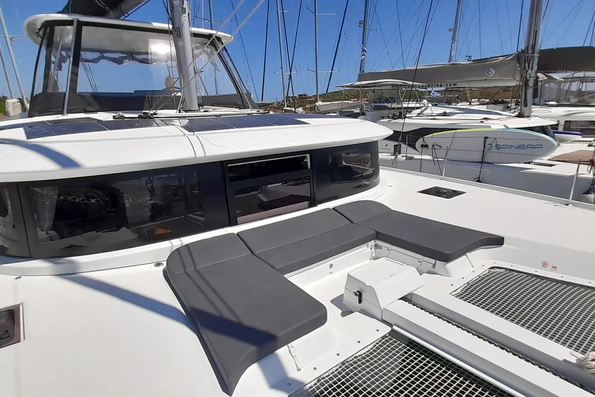 Deck of Free Bird II, a Lagoon 46 OW catamaran at Lavrion, Greece