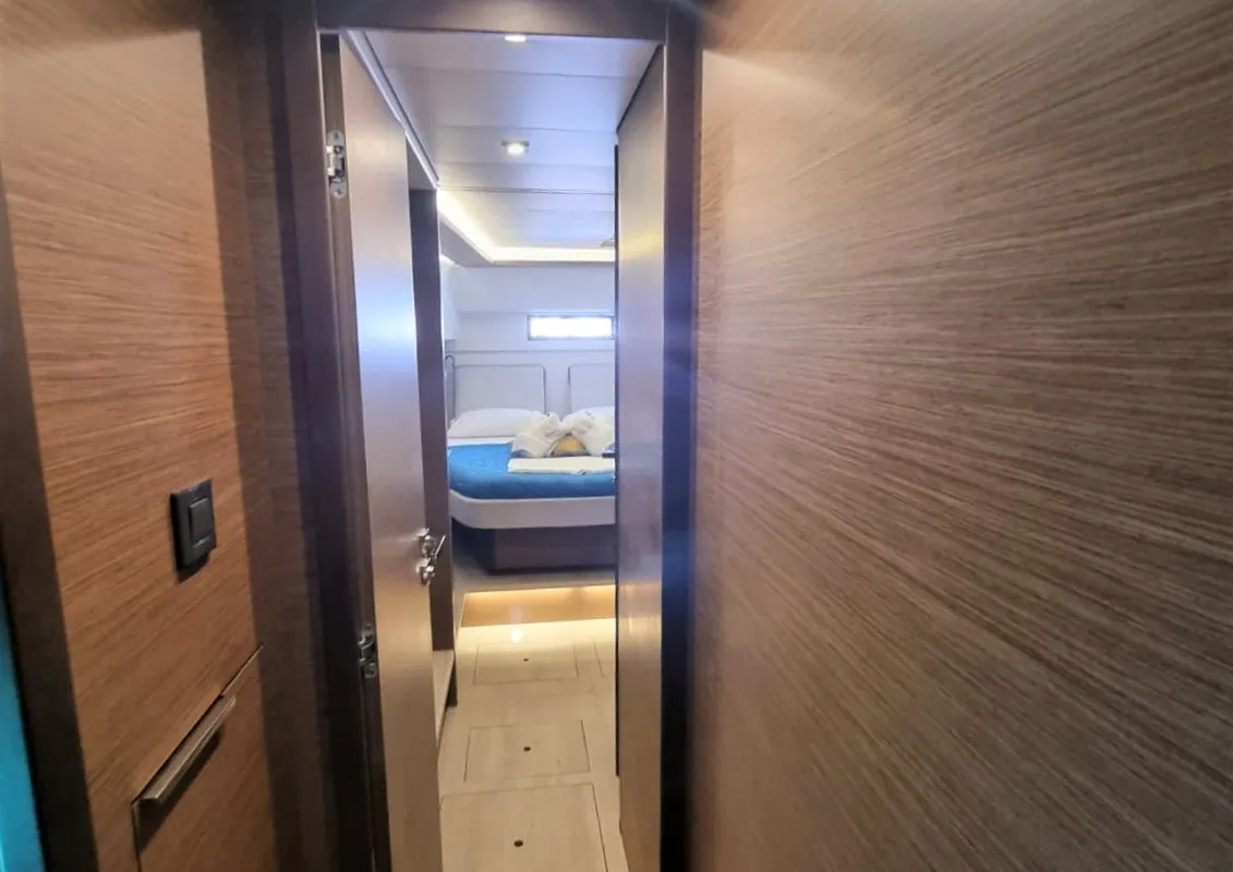 Cabin on Free Bird II, a Lagoon 46 OW catamaran at Lavrion, Greece