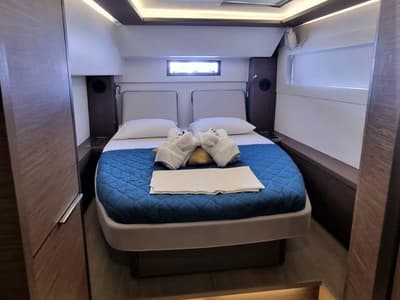 Cabin on Free Bird II, a Lagoon 46 OW catamaran at Lavrion, Greece
