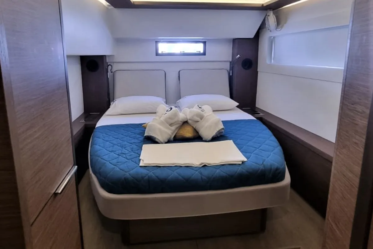 Cabin on Free Bird II, a Lagoon 46 OW catamaran at Lavrion, Greece