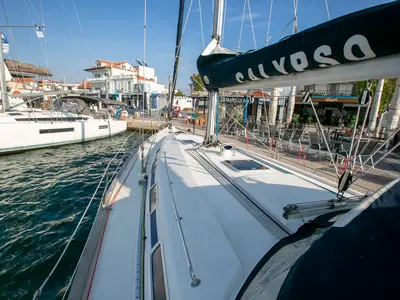Deck of Calypso, a Bavaria 44 sailboat at Keramoti, Greece