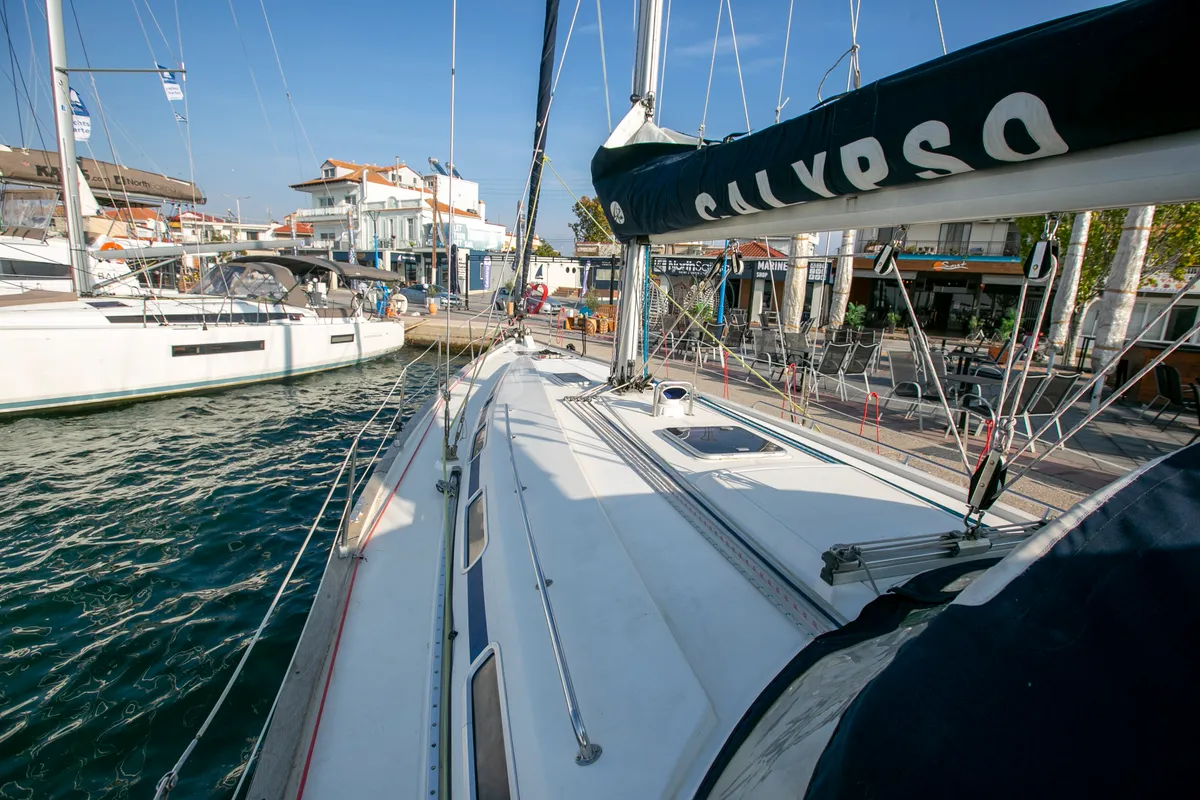 Deck of Calypso, a Bavaria 44 sailboat at Keramoti, Greece