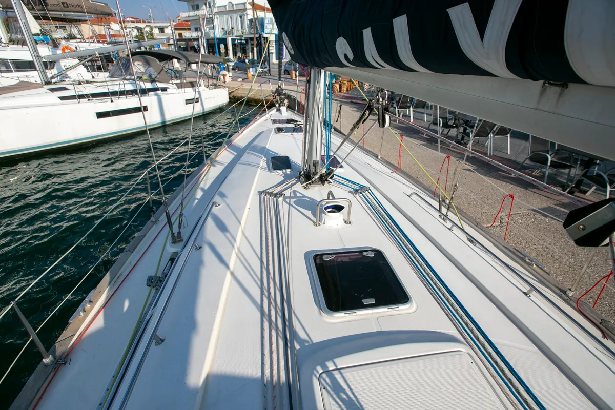 Deck of Calypso, a Bavaria 44 sailboat at Keramoti, Greece