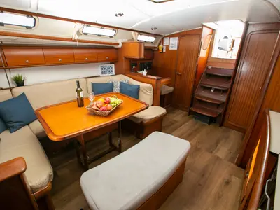 Salon of Calypso, a Bavaria 44 sailboat at Keramoti, Greece