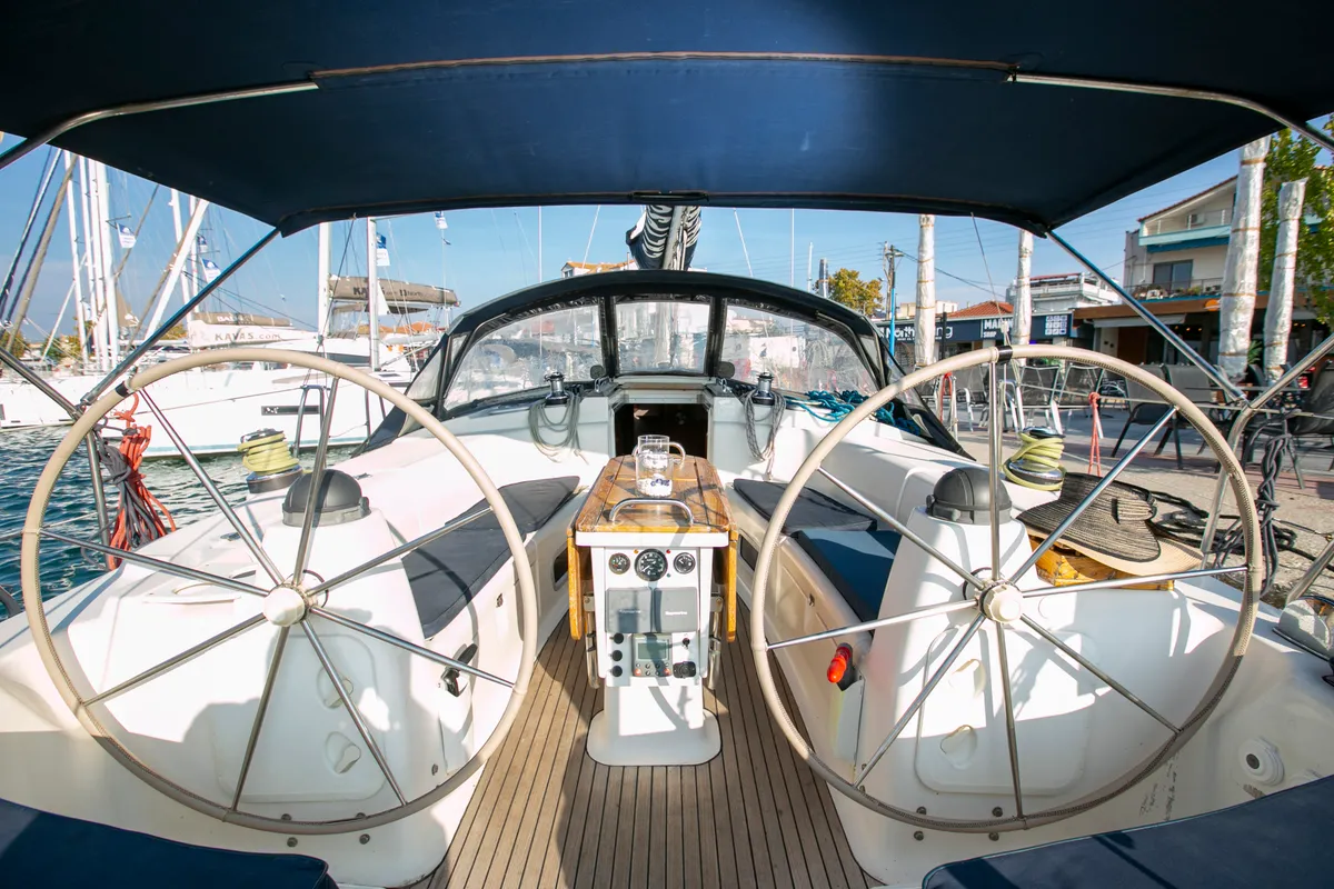 Cockpit of Calypso, a Bavaria 44 sailboat at Keramoti, Greece
