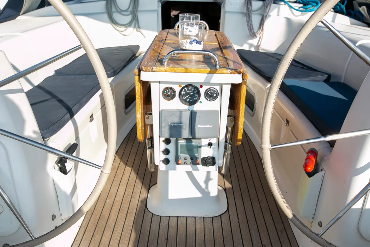 Cockpit of Calypso, a Bavaria 44 sailboat at Keramoti, Greece