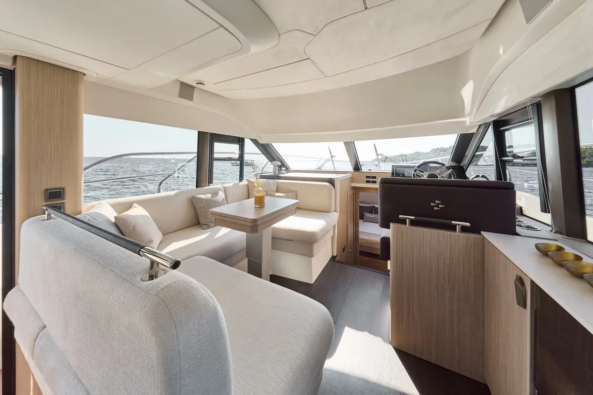 Salon of Mr. 77, a Prestige F4.3 motor yacht at Grad Kaštela, Croatia