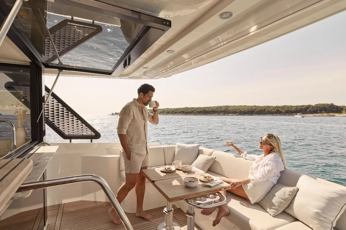 Deck of Mr. 77, a Prestige F4.3 motor yacht at Grad Kaštela, Croatia
