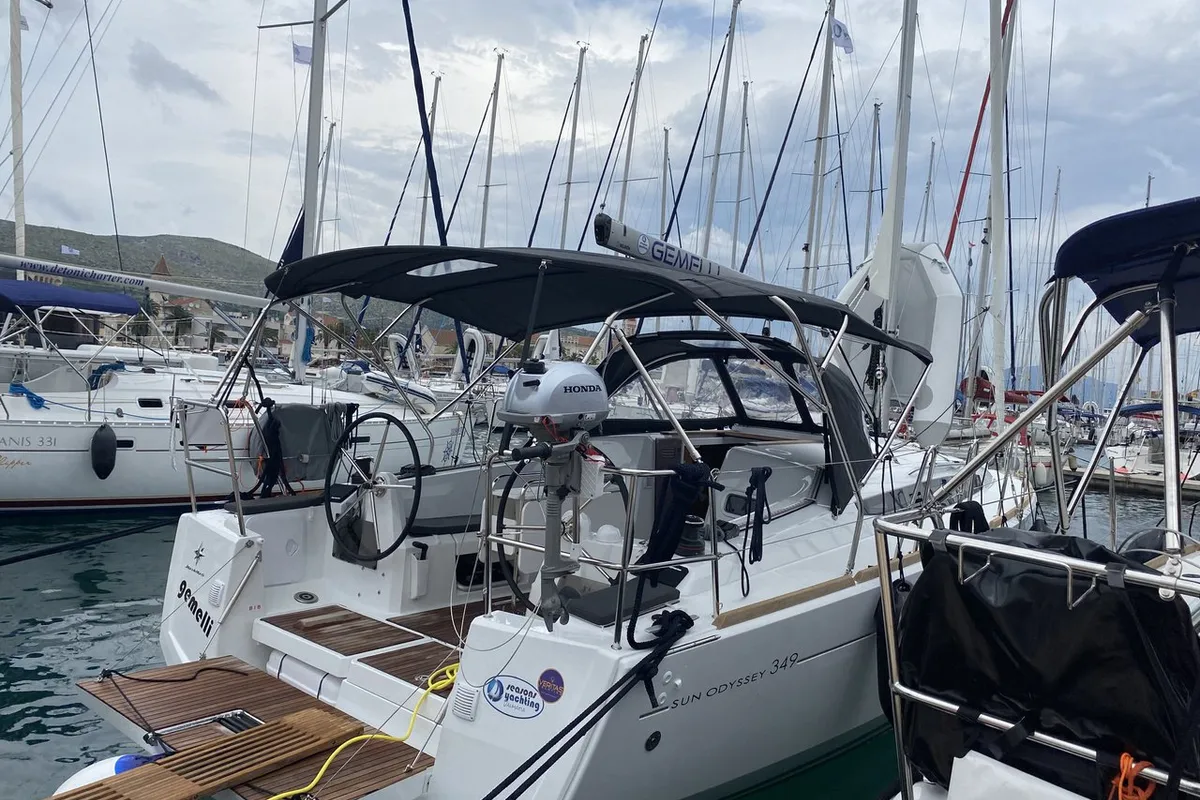 Exterior view of gemelli, a Jeanneau Sun Odyssey 349 sailboat at Trogir, Croatia