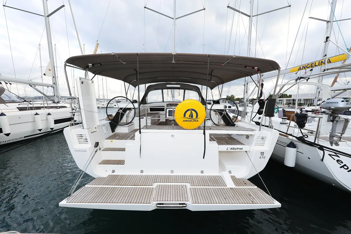 Exterior view of L'Albatros, a Dufour 470 sailboat at Grad Trogir, Croatia