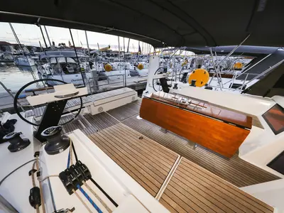 Cockpit of L'Albatros, a Dufour 470 sailboat at Grad Trogir, Croatia