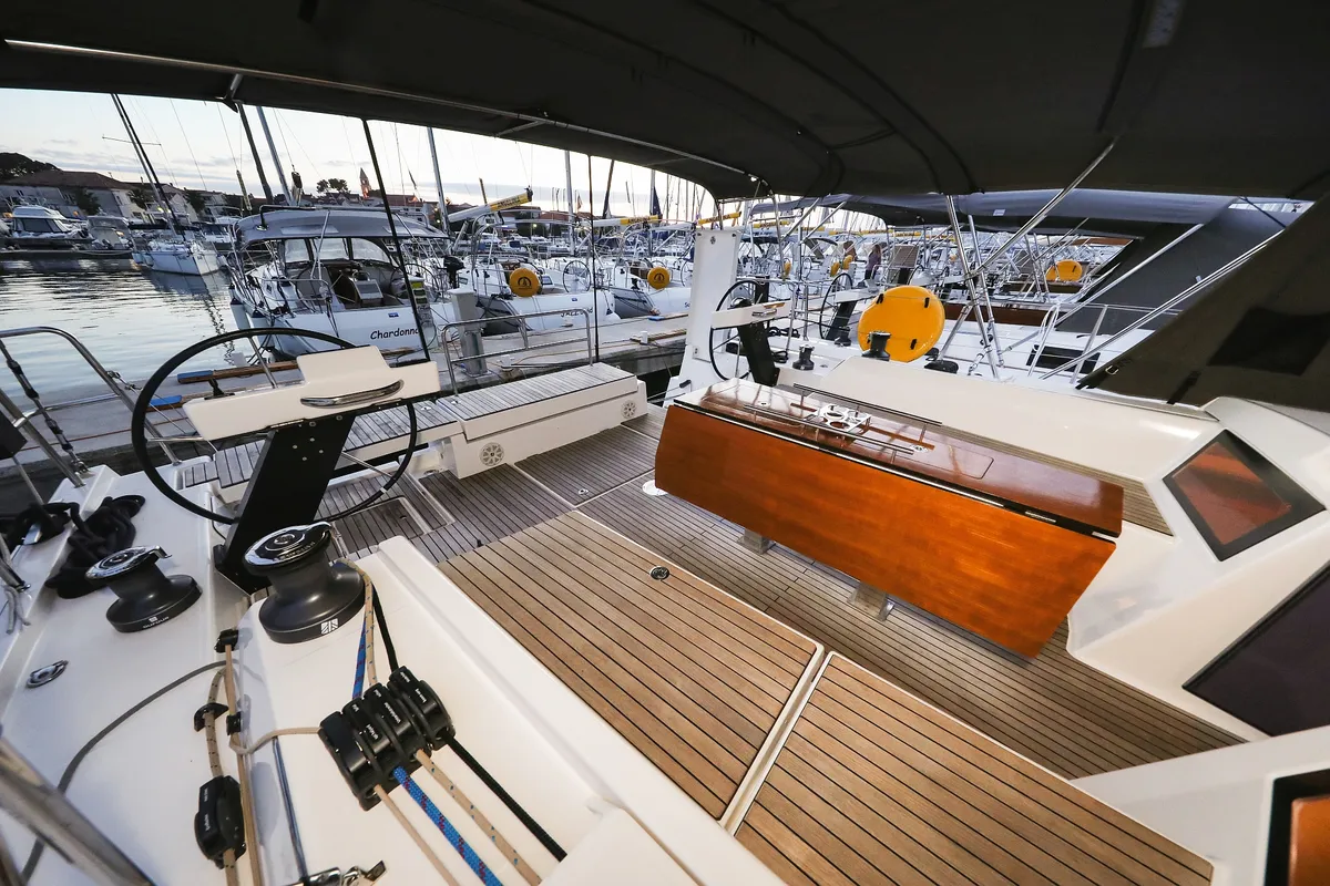 Cockpit of L'Albatros, a Dufour 470 sailboat at Grad Trogir, Croatia