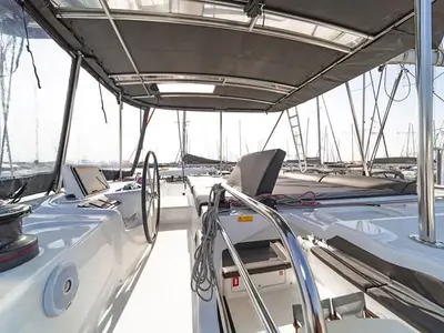 Cockpit of VA46, a Lagoon 46 catamaran at Athens, Greece