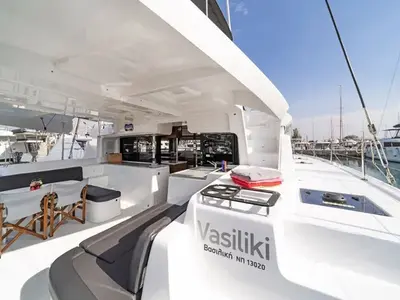 Deck of VA46, a Lagoon 46 catamaran at Athens, Greece