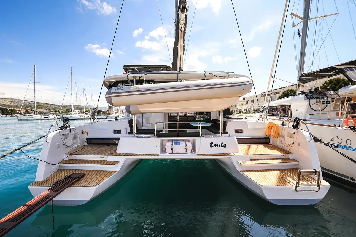 Exterior view of Emily, a Lagoon 42 catamaran at Grad Trogir, Croatia