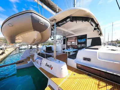 Deck of Emily, a Lagoon 42 catamaran at Grad Trogir, Croatia
