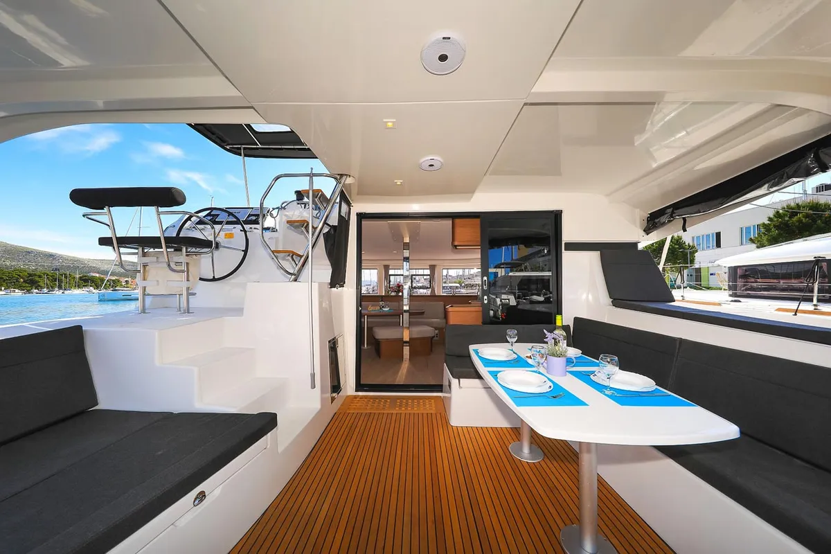 Deck of Emily, a Lagoon 42 catamaran at Grad Trogir, Croatia
